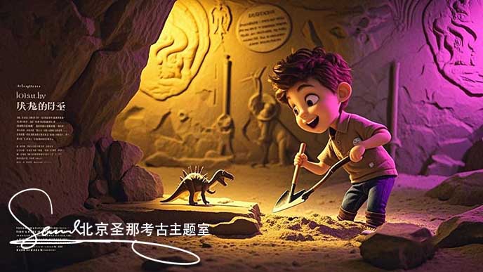 jimeng-2025-05-21-114-這張圖片呈現(xiàn)了一個(gè)充滿趣味的考古場(chǎng)景 。周圍環(huán)境被黃光和粉紫色燈光籠罩，營(yíng)造出神秘氛圍。小朋友身處仿真山洞的空間內(nèi)，在模擬的考古探險(xiǎn)情境中探索，體驗(yàn)發(fā)現(xiàn)寶藏....jpeg
