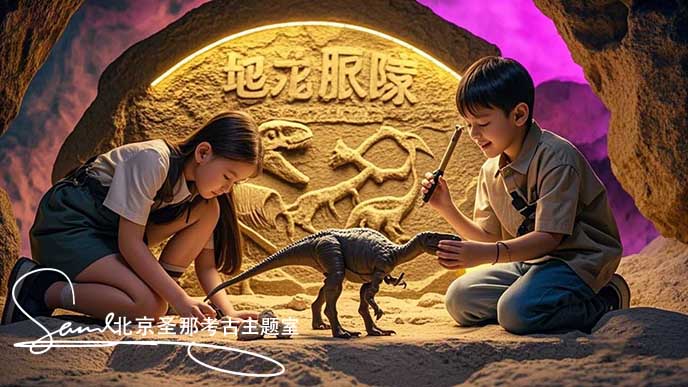 jimeng-2025-05-21-115-這張圖片呈現(xiàn)了一個充滿趣味的考古場景 。周圍環(huán)境被黃光和粉紫色燈光籠罩，營造出神秘氛圍。小朋友身處仿真山洞的空間內(nèi)，在模擬的考古探險情境中探索，體驗發(fā)現(xiàn)寶藏....jpeg