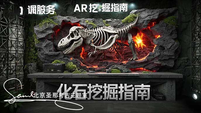 jimeng-2025-05-21-47-斷層巖層造型服務(wù)臺，3D打印火山巖背板鑲嵌機械恐龍頭動態(tài)模型，仿砂巖臺面呈現(xiàn)恐龍骨骼化石紋理，暗紅熔巖光效在灰綠色背景流動，金屬網(wǎng)格裝飾與苔蘚墻結(jié)合，AR屏幕....jpeg