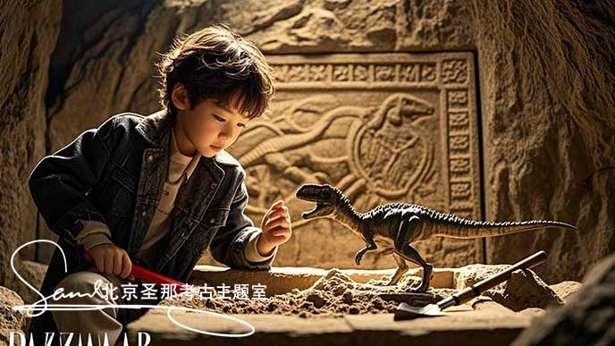 jimeng-2025-05-21-121-這張圖片呈現(xiàn)了一個(gè)充滿趣味的考古場(chǎng)景 。周圍環(huán)境被漂亮的燈光籠罩，營(yíng)造出神秘氛圍。小朋友身處仿真山洞的空間內(nèi)，在模擬的考古探險(xiǎn)情境中探索，體驗(yàn)發(fā)現(xiàn)寶藏的樂(lè)趣....jpeg