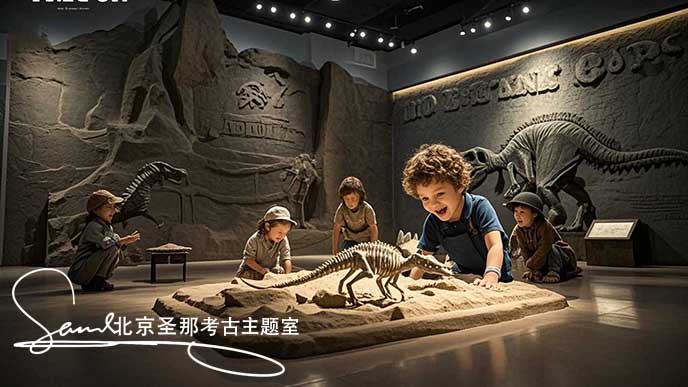 jimeng-2025-05-21-123-這張圖片呈現(xiàn)了一個充滿趣味的考古場景 。周圍環(huán)境被漂亮的燈光籠罩，營造出神秘氛圍。小朋友身處仿真山洞的空間內(nèi)，在模擬的考古探險情境中探索，體驗發(fā)現(xiàn)寶藏的樂趣....jpeg