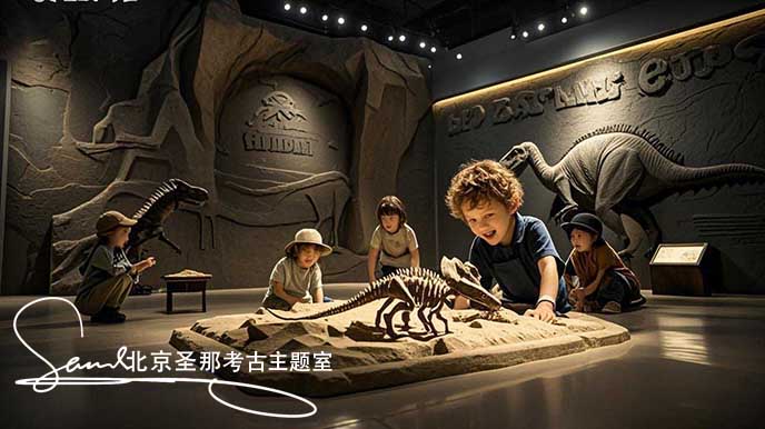 jimeng-2025-05-21-124-這張圖片呈現(xiàn)了一個充滿趣味的考古場景 。周圍環(huán)境被漂亮的燈光籠罩，營造出神秘氛圍。小朋友身處仿真山洞的空間內(nèi)，在模擬的考古探險情境中探索，體驗發(fā)現(xiàn)寶藏的樂趣....jpeg